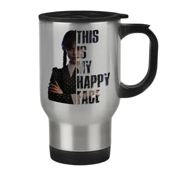 Wednesday, This is my happy face, Stainless steel travel mug with lid, double wall 450ml