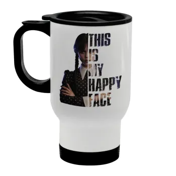 Wednesday, This is my happy face, Κούπα ταξιδιού ανοξείδωτη με καπάκι, διπλού τοιχώματος (θερμό) λευκή 450ml