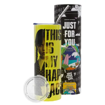 Wednesday, This is my happy face, Neon Yellow Travel Tumbler, with metal straw (Stainless steel 304 Food grade, BPA free, 600ml)