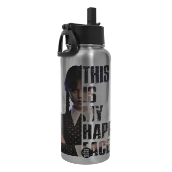 Wednesday, This is my happy face, Μεταλλικό παγούρι θερμός Silver με καλαμάκι και χερούλι (Stainless steel), διπλού τοιχώματος, 950ml