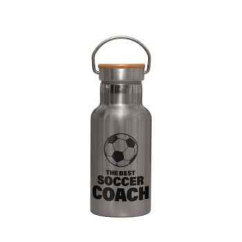The best soccer Coach, Μεταλλικό παγούρι θερμός (Stainless steel) Ασημένιο με ξύλινο καπακι (bamboo), διπλού τοιχώματος, 350ml