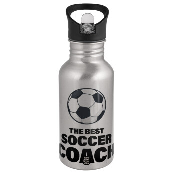 The best soccer Coach, Water bottle Silver with straw, stainless steel 500ml