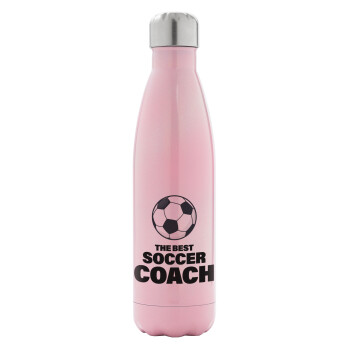 The best soccer Coach, Μεταλλικό παγούρι θερμός Ροζ Ιριδίζον (Stainless steel), διπλού τοιχώματος, 500ml