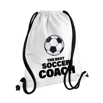 The best soccer Coach, Τσάντα πλάτης πουγκί GYMBAG λευκή, με τσέπη (40x48cm) & χονδρά κορδόνια