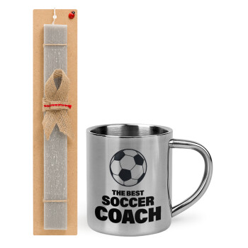The best soccer Coach, Πασχαλινό Σετ, μεταλλική κούπα θερμό (300ml) & πασχαλινή λαμπάδα αρωματική πλακέ (30cm) (ΓΚΡΙ)