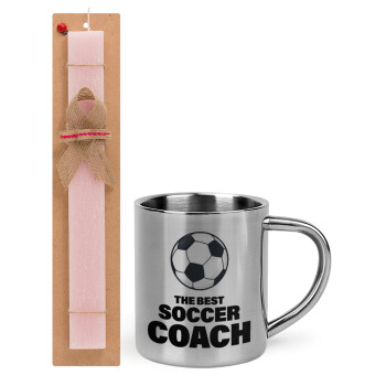 The best soccer Coach, Πασχαλινό Σετ, μεταλλική κούπα θερμό (300ml) & πασχαλινή λαμπάδα αρωματική πλακέ (30cm) (ΡΟΖ)
