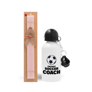 The best soccer Coach, Πασχαλινό Σετ, παγούρι μεταλλικό αλουμινίου (500ml) & πασχαλινή λαμπάδα αρωματική πλακέ (30cm) (ΡΟΖ)