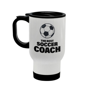 The best soccer Coach, Stainless steel travel mug with lid, double wall white 450ml