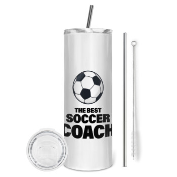 The best soccer Coach, Eco friendly ποτήρι θερμό (tumbler) από ανοξείδωτο ατσάλι 600ml, με μεταλλικό καλαμάκι & βούρτσα καθαρισμού