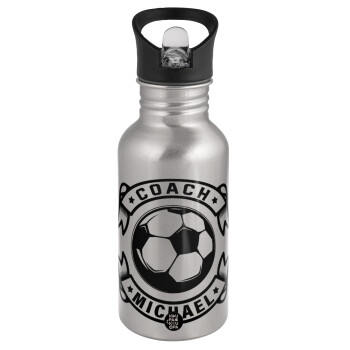 Soccer coach, Water bottle Silver with straw, stainless steel 500ml
