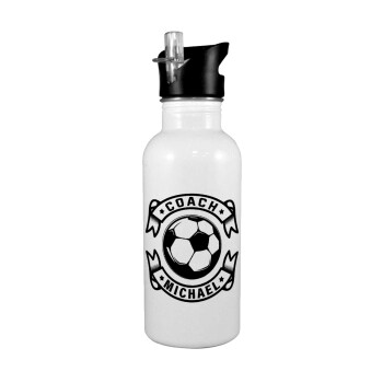 Soccer coach, White water bottle with straw, stainless steel 600ml