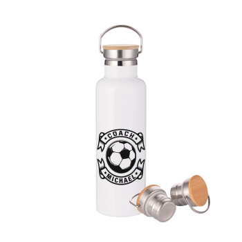Soccer coach, Stainless steel White with wooden lid (bamboo), double wall, 750ml