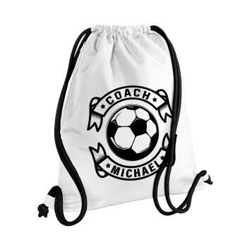 Soccer coach, Τσάντα πλάτης πουγκί GYMBAG λευκή, με τσέπη (40x48cm) & χονδρά κορδόνια