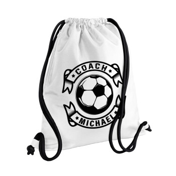 Soccer coach, Backpack pouch GYMBAG white, with pocket (40x48cm) & thick cords