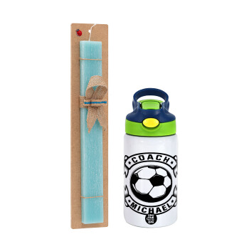 Soccer coach, Easter Set, Children's thermal stainless steel bottle with safety straw, green/blue (350ml) & aromatic flat Easter candle (30cm) (TURQUOISE)