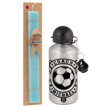 Soccer coach, Easter Set, metallic silver aluminum water bottle (500ml) & scented flat Easter candle (30cm) (TURQUOISE)