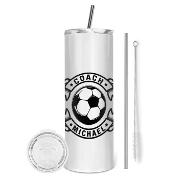 Soccer coach, Eco friendly stainless steel tumbler 600ml, with metal straw & cleaning brush
