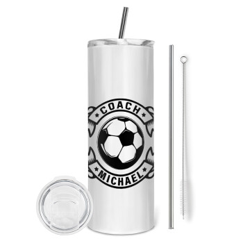 Soccer coach, Tumbler ποτήρι θερμό από ανοξείδωτο ατσάλι 600ml, με μεταλλικό καλαμάκι & βούρτσα καθαρισμού