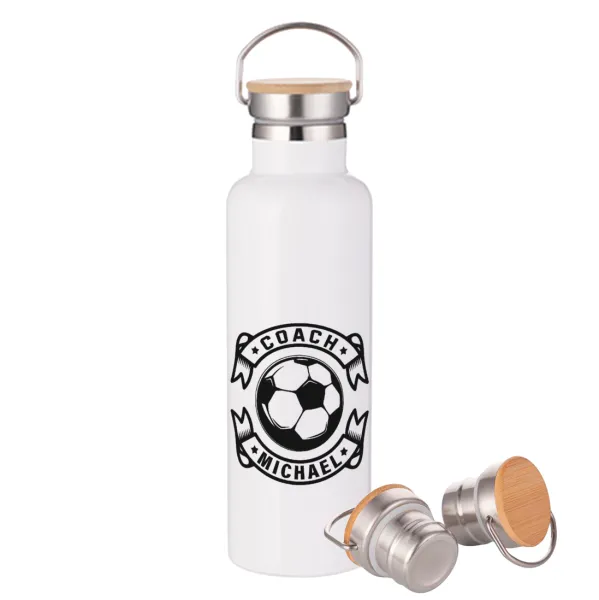 Soccer coach — Μεταλλικό παγούρι θερμός (Stainless steel) Λευκό με ξύλινο καπάκι (bamboo), διπλού τοιχώματος, 750ml