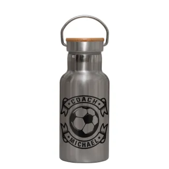 Soccer coach, Stainless steel metallic thermos flask, silver with a bamboo lid, double-walled, 350ml.