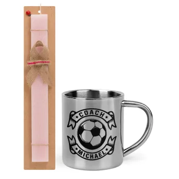 Soccer coach, Easter Set, metallic thermal cup (300ml) & aromatic flat Easter candle (30cm) (PINK)
