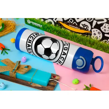 Soccer coach, Easter candle, Childrens hot water bottle, stainless steel, with safety straw, BLUE (500ml)