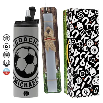 Soccer coach, Easter candle with Grey Tumbler Thermo 600ml & aromatic flat candle (30cm) (GREY)