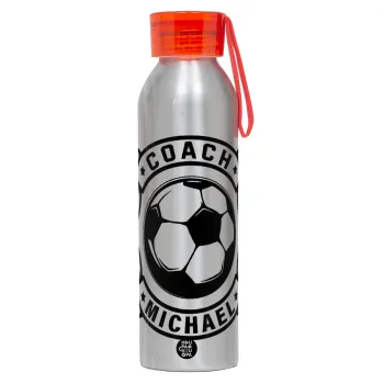 Soccer coach, Αλουμινένιο Αθλητικό Μπουκάλι 650ml – Ασημί με Κόκκινο Καπάκι και Λουράκι Σιλικόνης