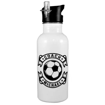 Soccer coach, White water bottle with straw, stainless steel 600ml