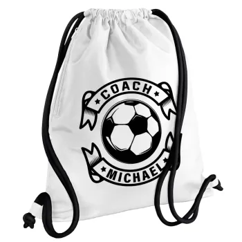 Soccer coach, Τσάντα πλάτης πουγκί GYMBAG λευκή, με τσέπη (40x48cm) & χονδρά κορδόνια