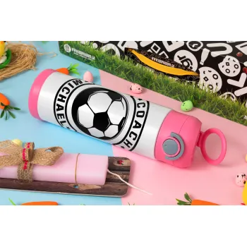 Soccer coach, Easter candle, Childrens hot water bottle, stainless steel, with safety straw, PINK (500ml)