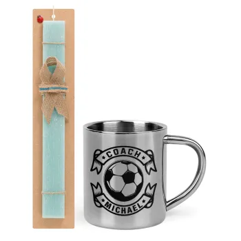 Soccer coach, Easter Set, metallic thermal cup (300ml) & aromatic flat Easter candle (30cm) (TURQUOISE)