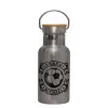 Stainless steel metallic thermos flask, silver with a bamboo lid, double-walled, 350ml.