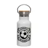 Metallic thermos (Stainless steel) White with wooden lid (bamboo), double-walled, 350ml