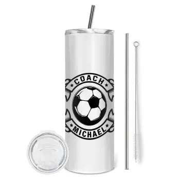 Soccer coach, Tumbler stainless steel 600ml, with metal straw & cleaning brush