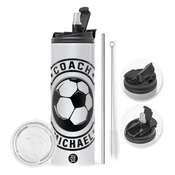 Soccer coach, Travel Tumbler 2 Lids, with metal straw & cleaning brush (Stainless steel 304 Food grade, BPA free, 600ml)