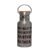 Stainless steel metallic thermos flask, silver with a bamboo lid, double-walled, 350ml.