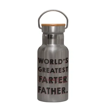 World's greatest farter, Μεταλλικό παγούρι θερμός (Stainless steel) Ασημένιο με ξύλινο καπακι (bamboo), διπλού τοιχώματος, 350ml