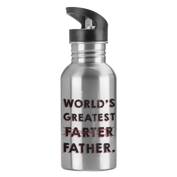 World's greatest farter, Water bottle Silver with straw, stainless steel 600ml