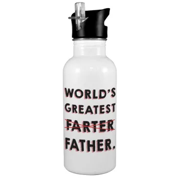 World's greatest farter, White water bottle with straw, stainless steel 600ml