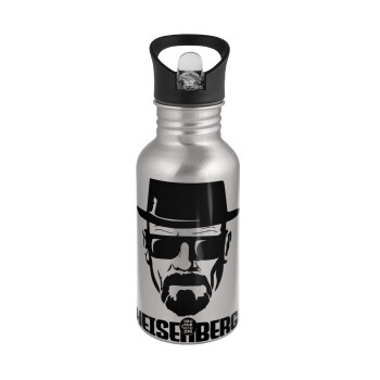Heisenberg breaking bad, Water bottle Silver with straw, stainless steel 500ml