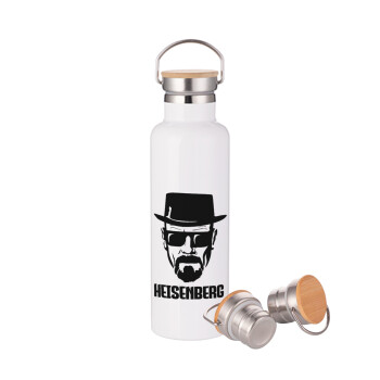 Heisenberg breaking bad, Μεταλλικό παγούρι θερμός (Stainless steel) Λευκό με ξύλινο καπάκι (bamboo), διπλού τοιχώματος, 750ml