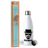 Easter Set, metallic stainless steel water bottle (750ml) & aromatic flat Easter candle (30cm) (TURQUOISE)