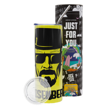 Heisenberg breaking bad, Neon Yellow Travel Tumbler θερμό, μεταλλικό καλαμάκι(Ανωξείδωτο 304 Food grade, BPA free, 600ml)