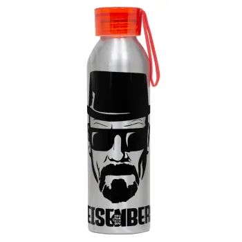 Heisenberg breaking bad, Αλουμινένιο Αθλητικό Μπουκάλι 650ml – Ασημί με Κόκκινο Καπάκι και Λουράκι Σιλικόνης