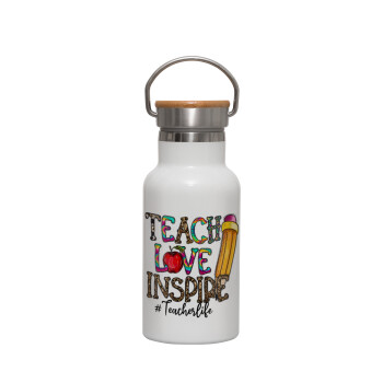 Teach, Love, Inspire, Metallic thermos (Stainless steel) White with wooden lid (bamboo), double-walled, 350ml