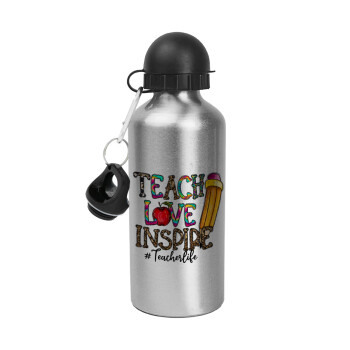Teach, Love, Inspire, Metallic water jug, Silver, aluminum 500ml