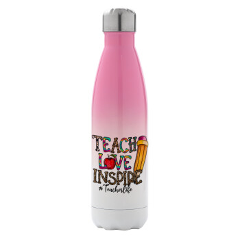 Teach, Love, Inspire, Metal mug thermos Pink/White (Stainless steel), double wall, 500ml