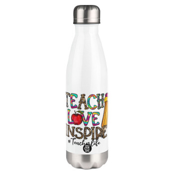 Teach, Love, Inspire, Μεταλλικό παγούρι θερμός Λευκό (Stainless steel), διπλού τοιχώματος, 500ml