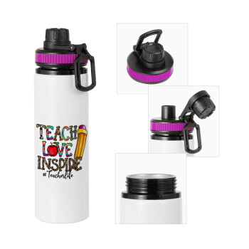 Teach, Love, Inspire, Metallic water bottle with safety lid, 850ml aluminum